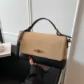 Borsa a mano bicolore elegante da donna, grande borsa a tracolla in camoscio versatile. - Kaki