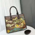 Borsa tote ricamata in stile cinese con design paesaggistico di pino, grande borsa casual. - Marrone