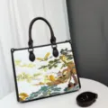 Borsa tote con ricamo di paesaggio in stile cinese, grande borsa casual con tracolla. - Bianco