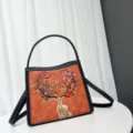 Chic Chinese style embroidered deer shoulder bag, retro brown PU leather crossbody bag. - Orange
