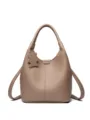 Stylish taupe genuine leather hobo shoulder bag with cute bear pendant for daily wear. - Khaki