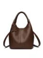 Dark brown leather bucket bag, stylish casual shoulder and crossbody handbag for women. - Brown