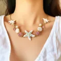 Exquisite Sommer Strand Stil Seestern Muschel Halskette mit Perlen und Strass für Damen. - Weiße Seestern Halskette