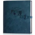Dark blue PU leather photo album with camera design, 4x6 DIY scrapbook for memories. - Faux Leather Album / Blue Camera Style