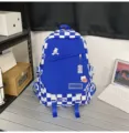 Blauw-witte ruitjes rugzak grote capaciteit student schooltas casual dagrugzak met schattige patches. - Blauw