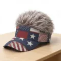 Funny American flag sun visor hat with grey faux fur wig hair attached for party outdoor sports. - M (56-58cm) / USA Flag 3