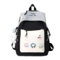 Casual canvas rugzak met schattige pluche konijn hanger en cartoon badges voor dagelijks gebruik. - Enkele Tas / Zwart