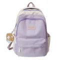 Grote paarse colorblock schoolrugzak voor vrouwen studenten met schattige pluche hanger. - Enkele Tas / Paars