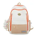 Casual schoolrugzak in wit en bruin met oranje ritsen en een schattige konijnenhangertje. - Enkele Tas / Wit