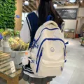 Canvas studentenrugzak grote capaciteit schooltas met schattige eendenhanger voor meiden. - Enkele Tas / Wit en Blauw