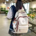 Koreaanse stijl canvas rugzak casual studenten schooltas met schattige eendhanger wit rood - Enkele Tas / Wit & Rood