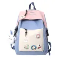 Casual canvas rugzak met meerdere vakken, leuke badges en pluche konijnenhangers. - Enkele Tas / Blauw