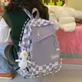Zaino scolaresco a quadri viola zaino casual grande capacità borsa da studente elegante - Viola con Ciondolo e Distintivo