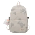 Leuke beige canvas schoolrugzak voor dames met berenprint en schattige pluche hanger. - Enkele Tas / Broken Wit