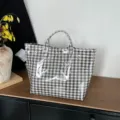 Brown gingham tote bag with clear outer layer, large capacity casual handbag for women. - Black