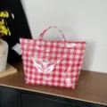 Red and white gingham tote bag, stylish plaid handbag for daily use and large capacity. - Red