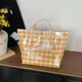 Yellow white gingham tote bag with shiny waterproof coating, large capacity casual handbag. - Yellow