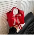 Red handbag for women, retro PU leather tote bag with elegant white lace bow detail. - Red