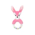 Cute plush baby rattle toy with pink animal head and colorful rolling balls inside ring. - Fox