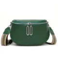 Green leather saddle bag for women, stylish crossbody bag with striped strap and zipper. - Green