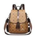 Sac à dos femme élégant en cuir PU marron avec motif kangourou, pompon et grande capacité. - Jaune/Marron