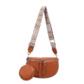 Stylish brown women crossbody bag with wide patterned strap and cute round coin pouch design. - Orange