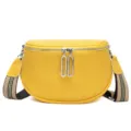 Yellow leather saddle bag, stylish women crossbody shoulder bag with wide strap and zippers. - Yellow