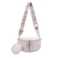 Trendy womens saddle bag with wide geometric strap and round coin purse in light beige style. - Off White
