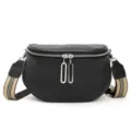 Black genuine leather saddle bag for women, stylish chest bag and shoulder crossbody bag. - Black