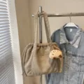 Corduroy tote bag for women, casual underarm shoulder bag with cute plush charm, beige color. - Khaki