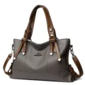 Large capacity soft leather handbag for women, stylish brown and grey shoulder tote bag. - Gray