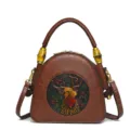 Vintage geprägte Hirsch Leder Handtasche mit Bambusgriff, schicke Ethno Umhängetasche. - Waldhirsch