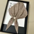 Brown plaid neck scarf with elegant pearl magnetic buckle, stylish versatile accessory. - Brown and White Plaid Style (TYY-01)
