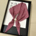 Red grey houndstooth scarf with pearl magnetic buckle, elegant neckerchief for daily wear. - Red and Gray Houndstooth Style (TYY-02)