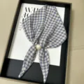 Blue white houndstooth small scarf with magnetic pearl buckle stylish neckerchief for women - Blue and White Houndstooth Style (TYY-08)