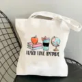 White canvas tote bag with teacher print, casual shoulder shopping bag for daily use. - Style 2 (Teach Love Inspire) / 35x40cm