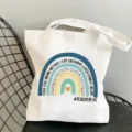 White canvas tote bag with teacher rainbow print casual shoulder shopping bag daily - Style 3 (Rainbow Motivation) / 35x40cm