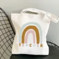 White canvas tote bag with rainbow and teacher print for daily shopping and casual commute use. - Style 7 (Earth Tone Rainbow) / 35x40cm