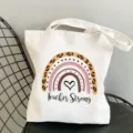 White canvas tote bag with teacher rainbow leopard print, casual shoulder shopping bag. - Style 13 (Teacher Strong) / 35x40cm