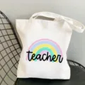 Canvas tote bag with cute pastel rainbow and teacher print, casual shoulder shopping bag. - Style 14 (Rainbow Macaron) / 35x40cm