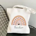 White canvas tote bag with cute rainbow teacher heart print casual shopping shoulder bag - Style 16 (Teacher Heart Rainbow) / 35x40cm