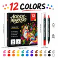 12-color dual-tip acrylic paint markers set with fine and dot tips for art and craft DIY. - Dual Tip Dot Style / 12-Color Set