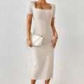 Ribbed knit square neck midi dress detail, short sleeve bodycon silhouette, stylish look. - S / Apricot