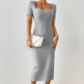 Grey ribbed knit dress detail, square neck and short sleeve design showing close-up texture. - S / Light Gray