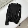 Top de punto negro de manga larga, cuello redondo semitransparente ajustado básico. - S / Tops / Negro