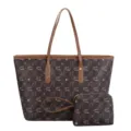 Retro braune Monogramm Shopper Tasche mit Etui, stilvolle grosse Schultertasche fuer Damen. - Kaffee