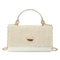 Sac à main en paille tissée et cuir avec poignée métallique et bandoulière chaîne femme. - Blanc