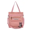 Rosa Segeltuchtasche mit Schulter- und Umhängebriemen, süßem Bärenprint und Fronttasche. - Rosa