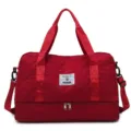 Red quilted travel duffel bag with bottom shoe compartment for gym sports fitness and yoga. - Red