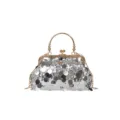 Silberne Pailletten Damen Umhängetasche Glänzende Abendtasche Handtasche mit Goldkette - Silber